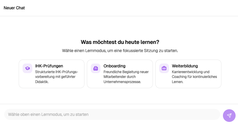 Chatbot interface with three learning modes — German vocational exams (IHK), employee onboarding, and continuing education.