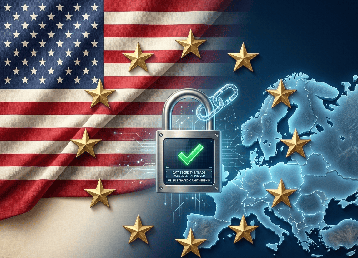 US flag and Europe map merged with a central padlock displaying a green checkmark labelled US-EU Strategic Partnership, illustrating the legal bridge for transatlantic data flows.