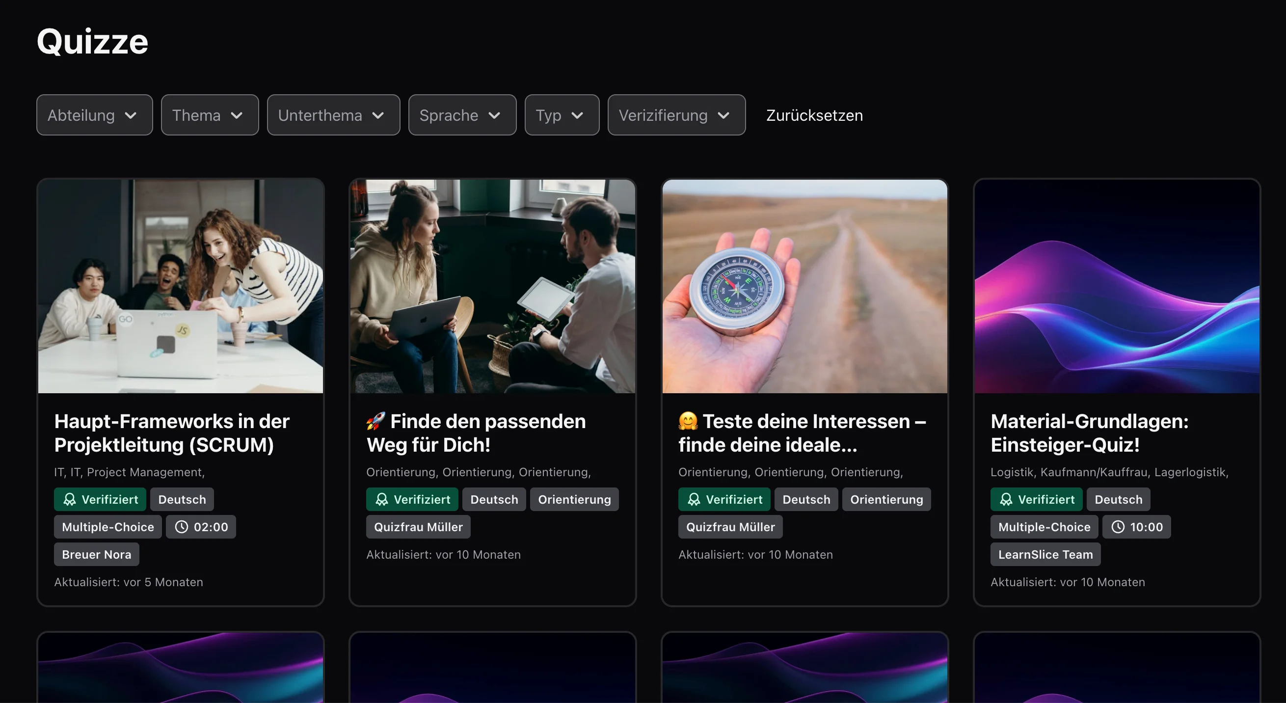 LearnSlice quiz library with SCRUM, orientation, and logistics courses at FH Dortmund