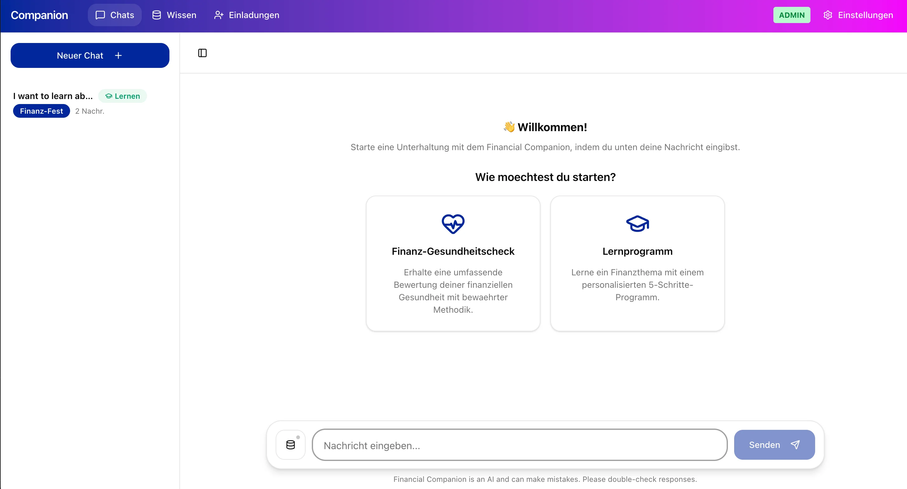 Financial Companion AI chat interface with financial health check and personalised learning programme